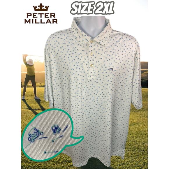 Peter Millar Polo Shirt Size 2XL White Blue Patterned Summer Comfort Golf Style - Picture 1 of 11